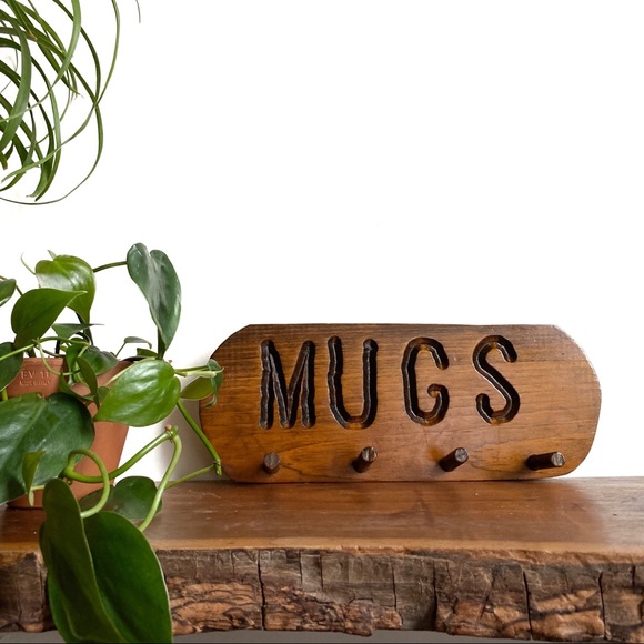 Vintage Wooden Coffee Mug Peg Rack Wall Hooks Kitchen Storage MCM - Picture 1 of 7
